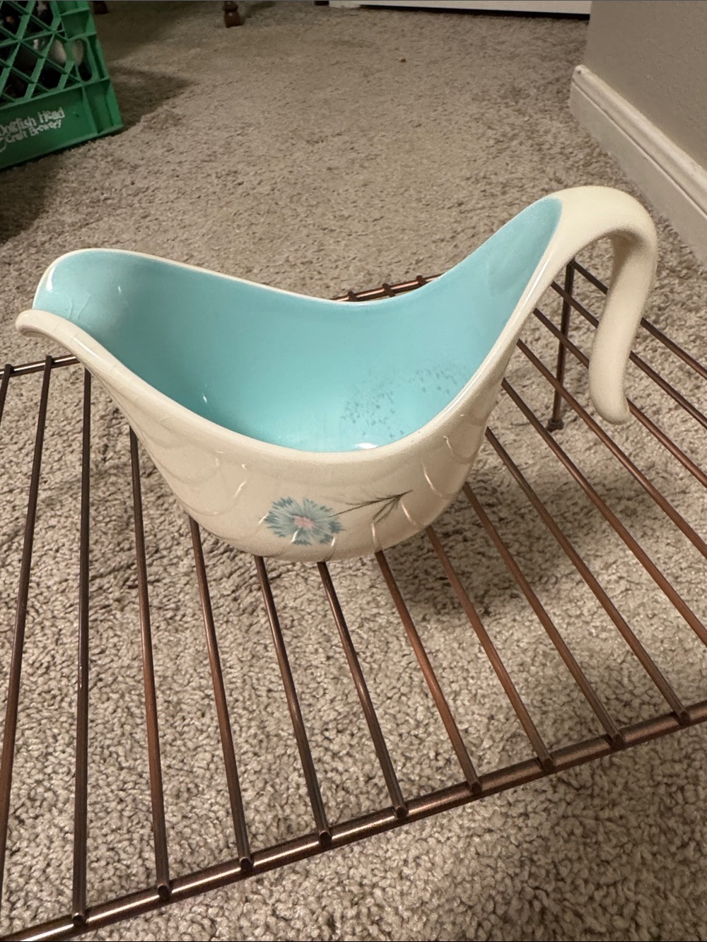Vintage Floral Ceramic Sauce Boat in Cream with Aqua Interior